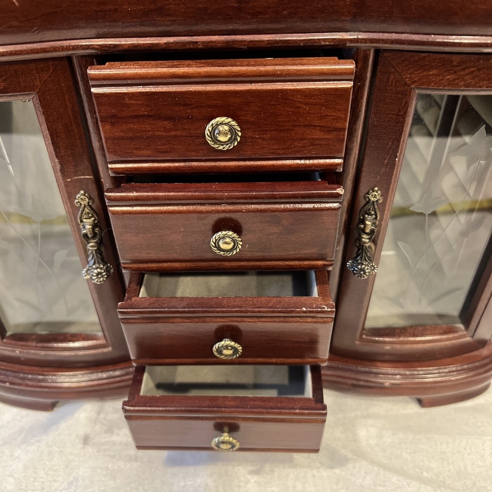 Large Vintage Lift Top Wooden Jewelry Box Etched Glass Doors- 4 Drawers 13.5x11 - Picture 11 of 16